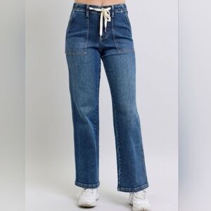 Judy Blue Blaire Straight Leg Tie Waist Classic Denim Jeans In A Dark Wash